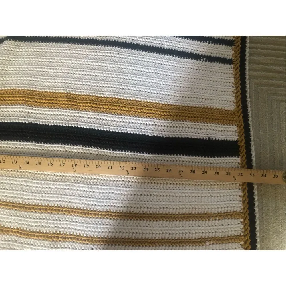 Handmade Crochet Throw Blanket White Navy Mustard Striped 34x58